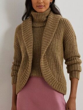 Lauren Ralph Lauren Rib-Knit Shawl-Collar Cardigan Wool Alpaca Tan SZ M